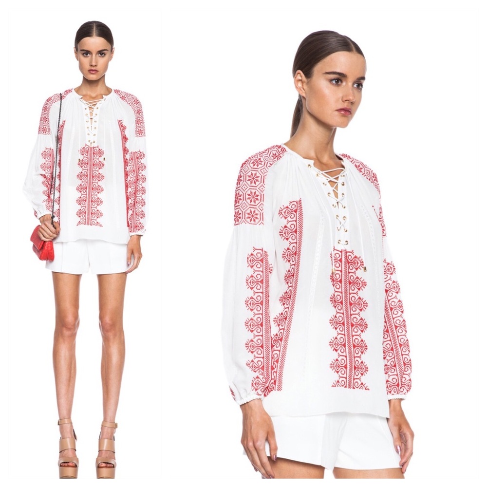 Altuzarra 100% Silk Embroidered Tassel Shirt White Red